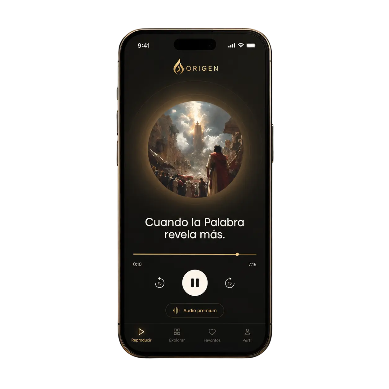 Vista previa de la app Origen reproduciendo un audio narrativo